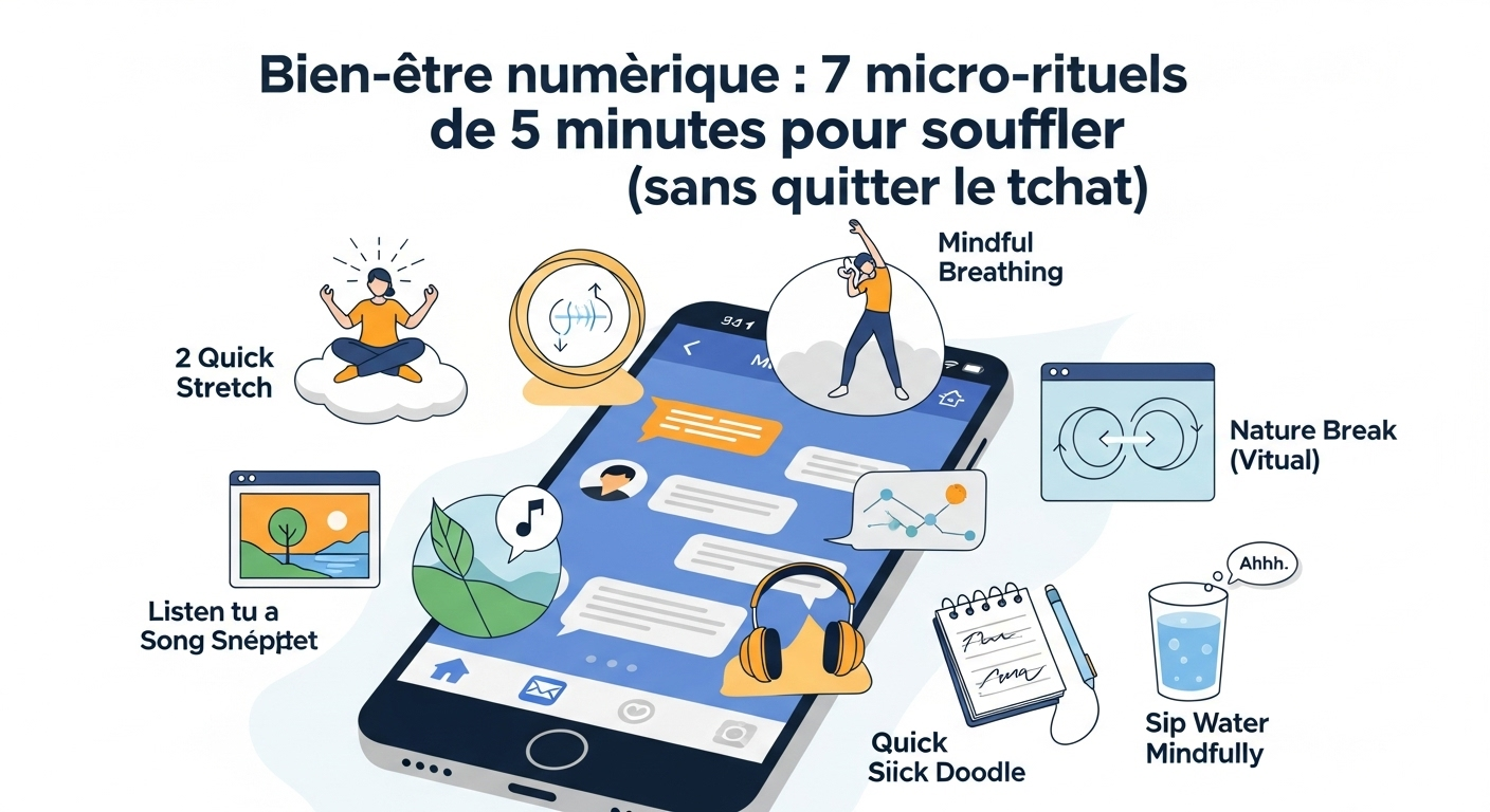 Bien-être numérique : 7 micro-rituels de 5 minutes pour souffler (sans quitter le tchat)